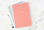 A stack of pink, blue, and lavender gratitude journals on a white table, with a white pen.