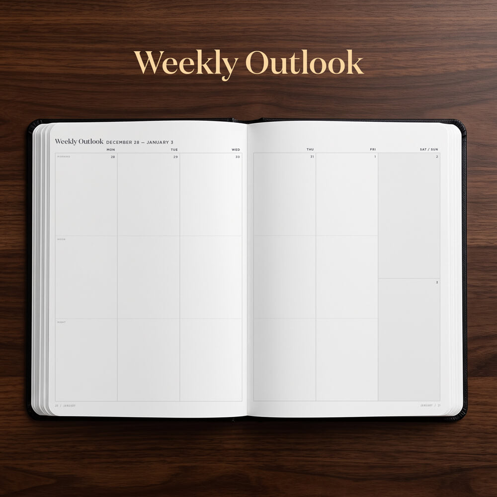 An open weekly outlook planner spread on a dark wood background, with the words 'Weekly Outlook' printed above in gold.