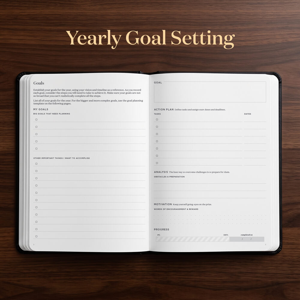 An open yearly goal setting planner or notebook lies flat on a dark wood background, with the title 'Yearly Goal Setting' printed above it. The pages are white with black text and lined sections for goals, action plan, notes, and processes.