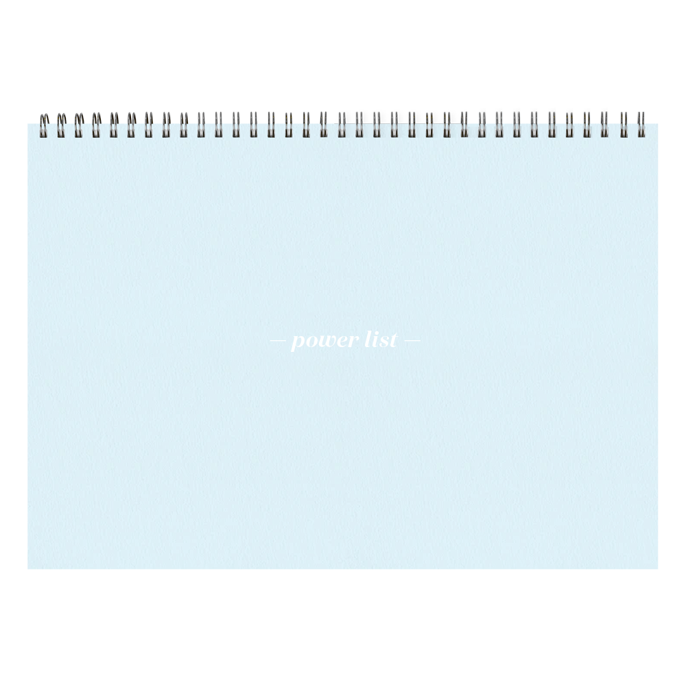 Blank light blue notepad with 'power list' text on a white background