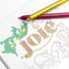 Coloring book page with decorative text and flowers, featuring a gold pen.
